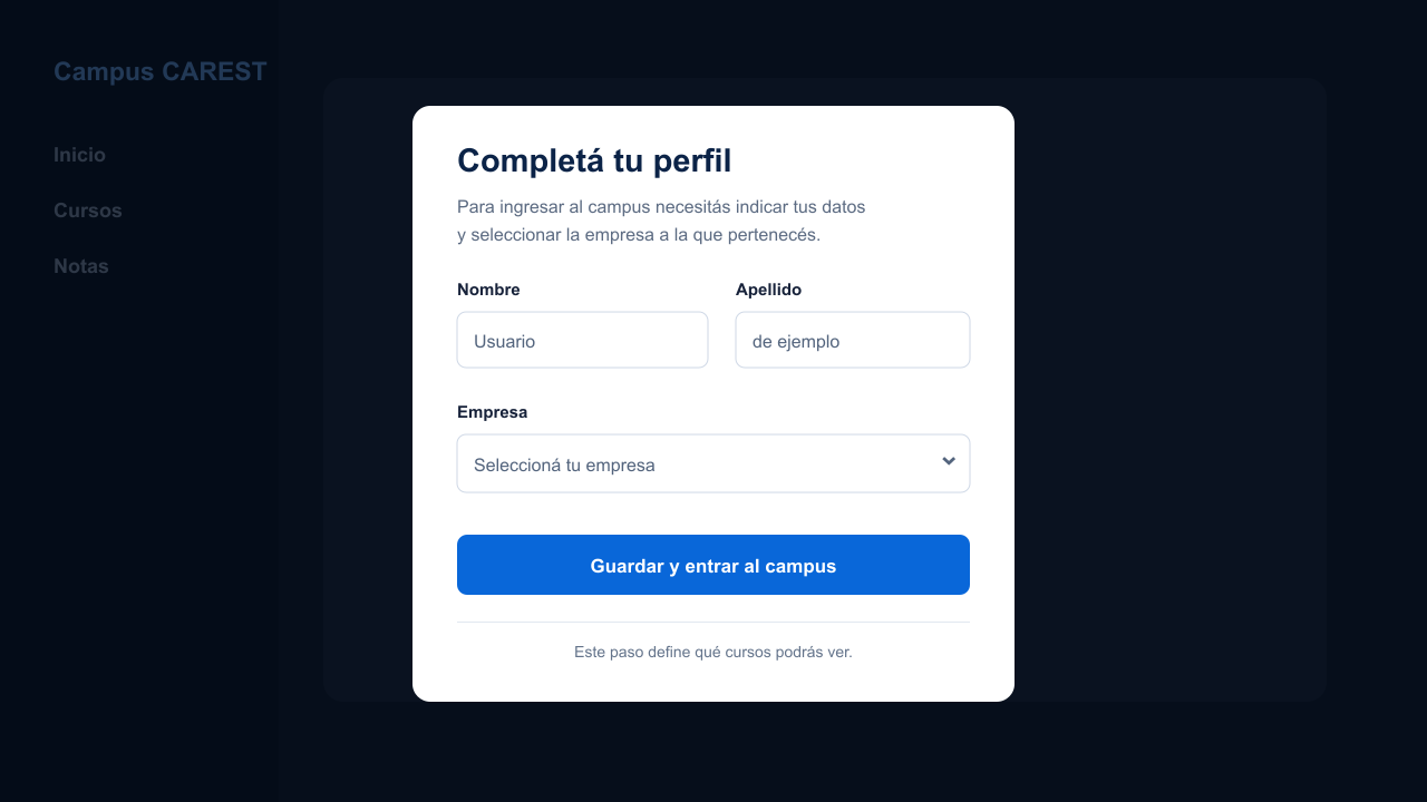 Pantalla para completar nombre, apellido y empresa en el Campus Carest