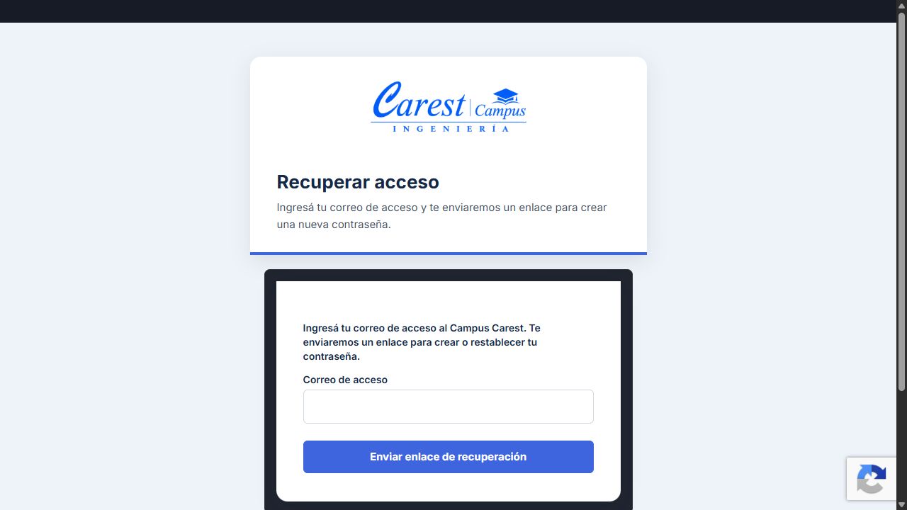Formulario para recuperar el acceso al Campus Carest